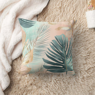 Tropical Leaves Pink Mint Green Gold Modern Cushion