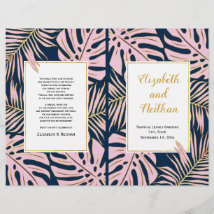 Tropical leaves pink, navy bi-fold wedding program