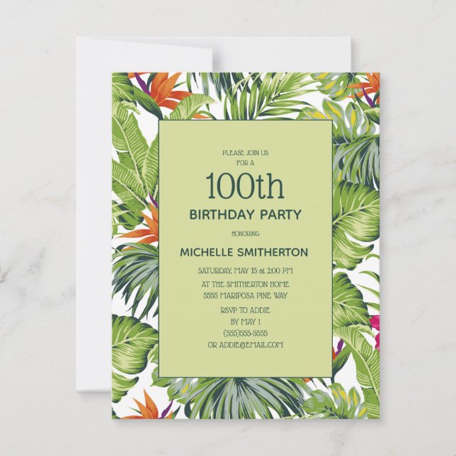 Tropical Leaves Pink Orange Floral 100th Birthday Invitation (Front)