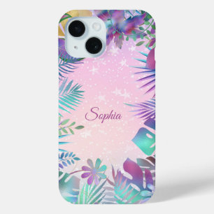 Tropical Leaves, Pink Sky White Stars, Script Name iPhone 15 Case