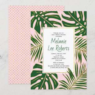 Tropical leaves pink wedding bridal shower invitation