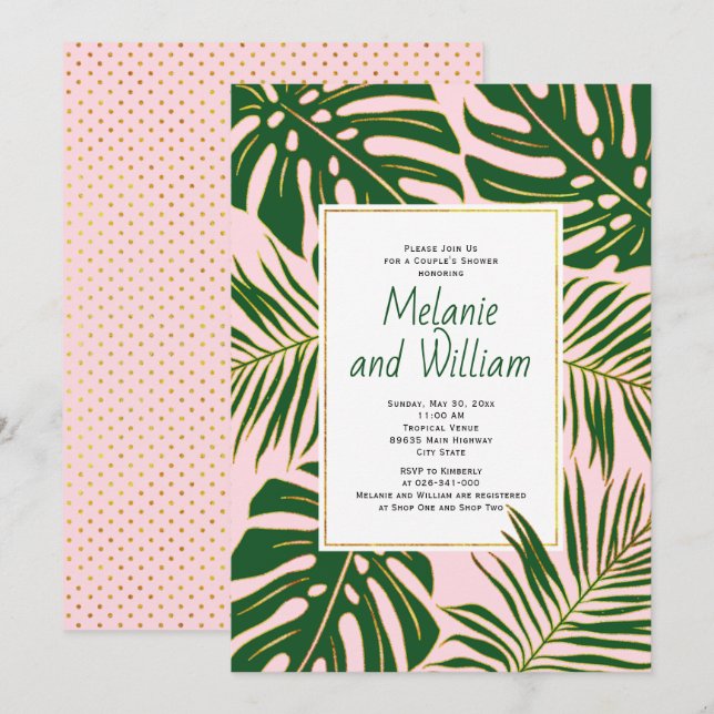 Tropical leaves pink wedding couple's shower invitation (Front/Back)