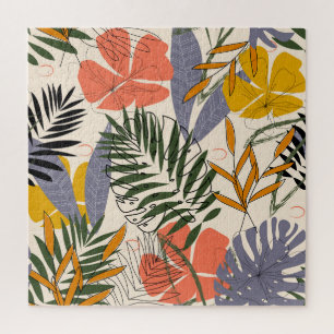 Tropical leaves plants, beige, original pattern. jigsaw puzzle