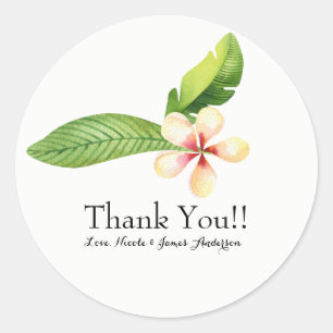 Tropical Leaves & Plumeria Watercolor Floral Favou Classic Round Sticker