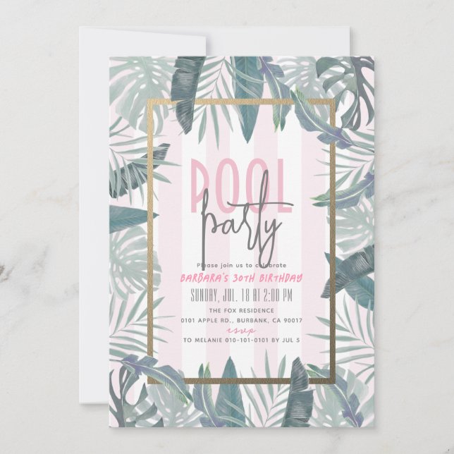 Tropical Leaves Pool Party Pink Adult Birthday Invitation (Front)