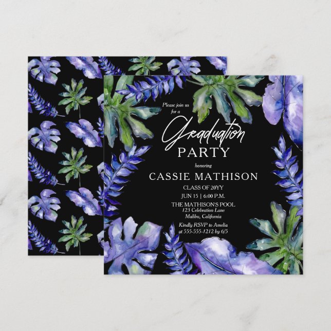 Tropical Leaves Purple | Green Graduation Party Invitation (Front/Back)