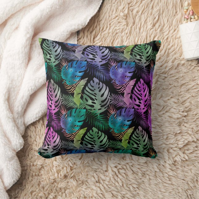 Tropical Leaves Purple Teal Black Iridescent Cushion (Blanket)