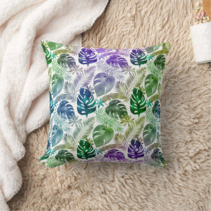 Tropical Leaves Purple Teal Green White Cushion