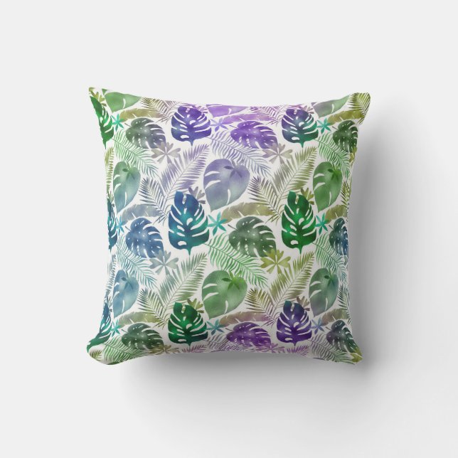 Tropical Leaves Purple Teal Green White  Cushion (Front)