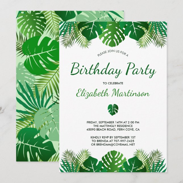 Tropical Leaves Rainforest Foliage Birthday Party Invitation (Front/Back)