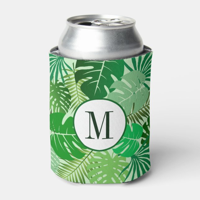 Tropical Leaves Rainforest Foliage Jungle Monogram Can Cooler (Can Front)