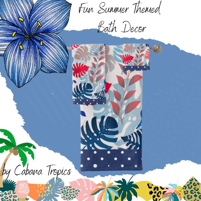 Tropical Leaves Red and Blue Shades Fancy Trim  Bath Towel Set (Creator Uploaded)