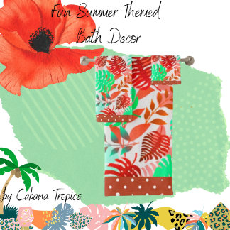 Tropical Leaves Red, Green, Coral, Teal, Red Trim Bath Towel Set