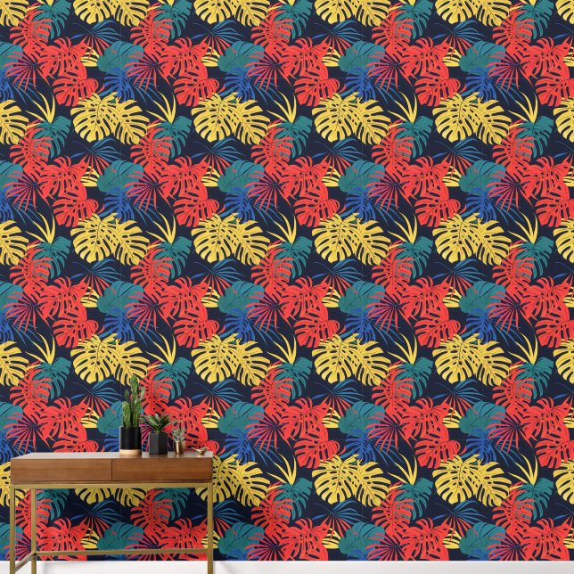 Tropical Leaves Red Yellow Turquoise Wallpaper (Hallway)