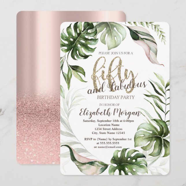 Tropical Leaves Rose Gold 50th Birthday  Invitation (Front/Back)