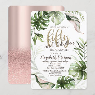 Tropical Leaves Rose Gold 50th Birthday Invitation