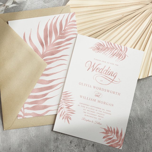 Tropical Leaves Rose Gold White Elegant Wedding Invitation (Creator Uploaded)