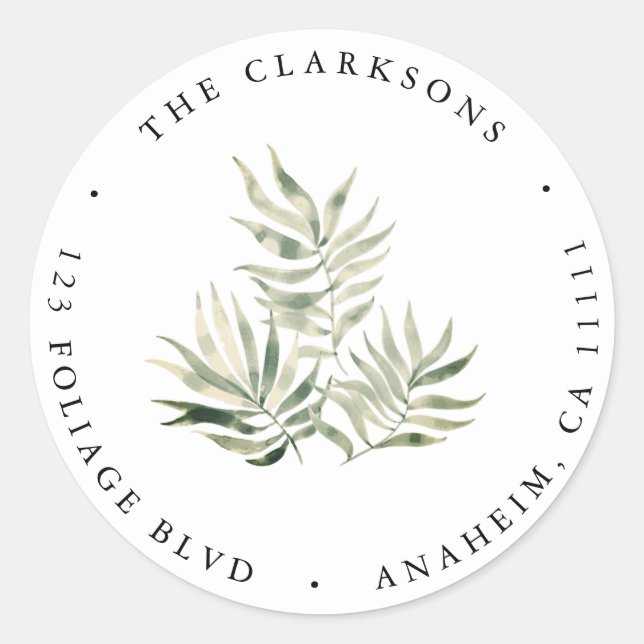 Tropical Leaves Round Return Address Label (Front)