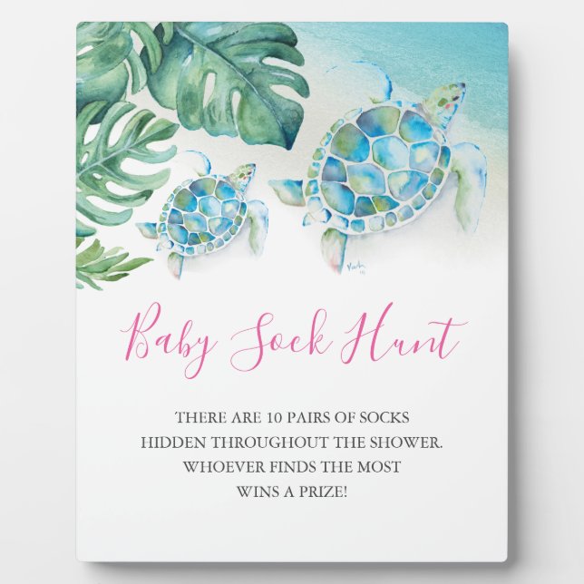 Tropical Leaves Sea Turtle Baby Shower Games Sign Plaque (Front)