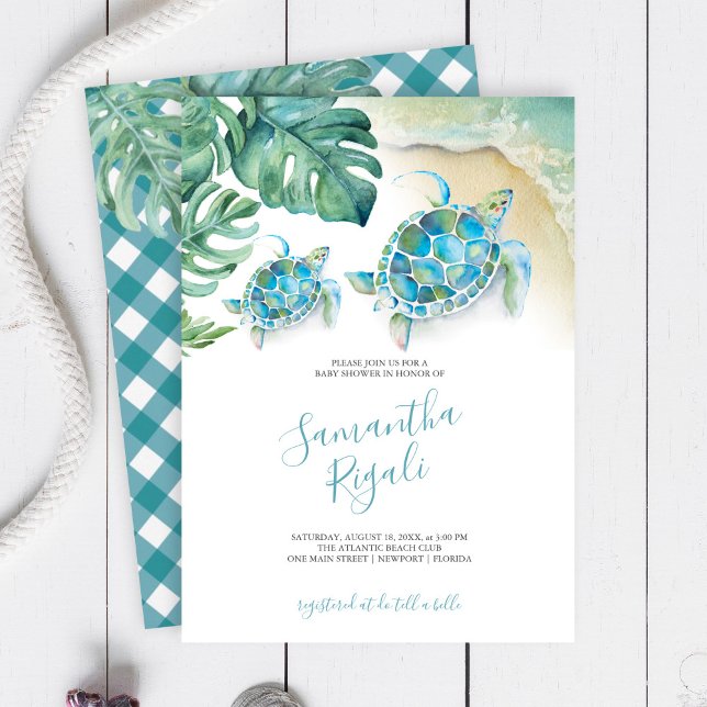 Tropical Leaves Sea Turtle Boy Baby Shower (Baby shower invitations tropical watercolor sea turtle, palm leaves and ocean with gingham print)