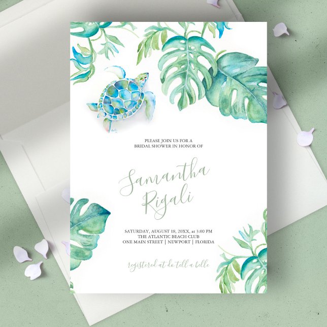 Tropical Leaves Sea Turtle Bridal Shower (bridal shower invitation tropical watercolor sea turtle by Victoria Grigaliunas)