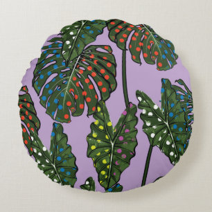 Tropical leaves seamless pattern on colourful pop  round cushion