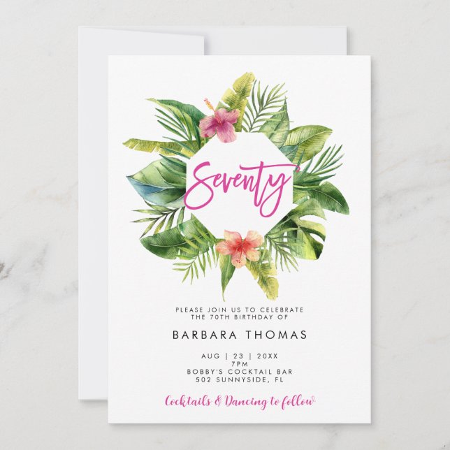 Tropical leaves seventy birthday party invitation (Front)