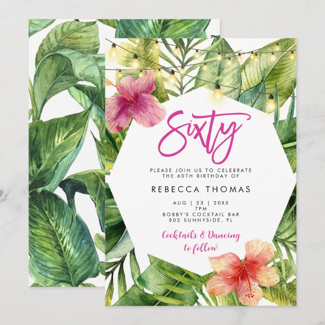 Tropical leaves sixty birthday party invitation (Front/Back)