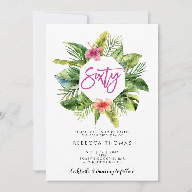 Tropical leaves sixty birthday party invitation (Front)