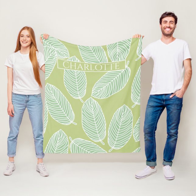 Tropical Leaves Sketch Custom Name Home Decor  Fleece Blanket (In Situ)
