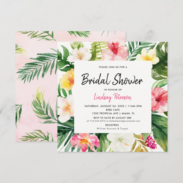 Tropical Leaves Square Bridal Shower Invitation (Front/Back)