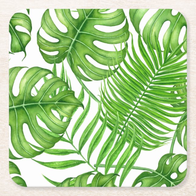 Tropical leaves square paper coaster (Front)