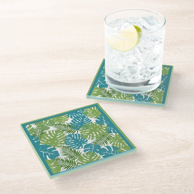 Tropical Leaves, Stunning Colours, Glass Coaster (Angled)