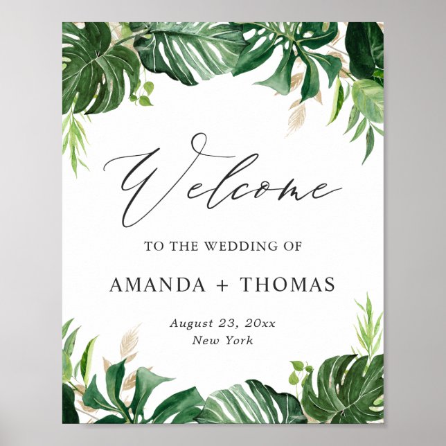 Tropical Leaves Summer Beach Wedding Welcome Sign (Front)