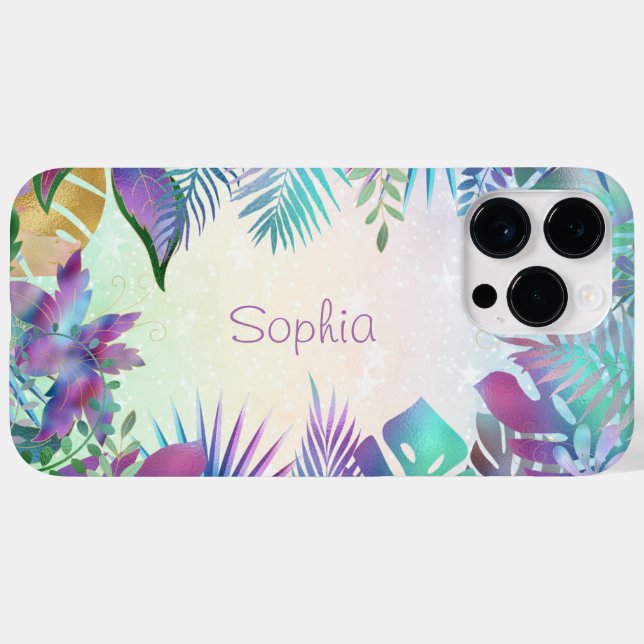 Tropical Leaves, Teal & Green Ombre, Lavender Name Case-Mate iPhone Case (Back (Horizontal))