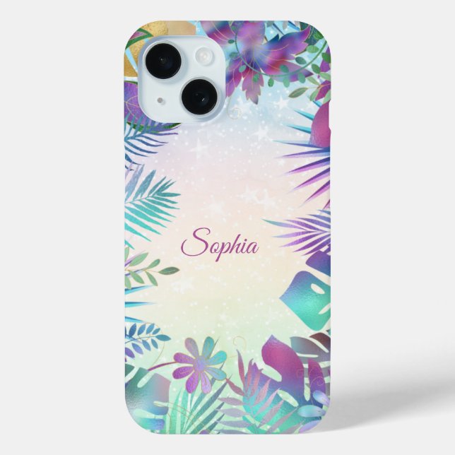 Tropical Leaves, Teal & Green Ombre, Script Name Case-Mate iPhone Case (Back)
