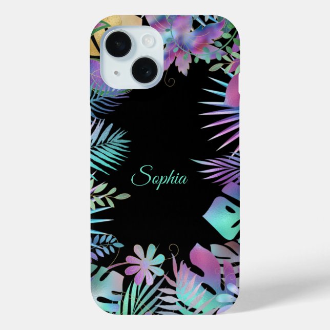 Tropical Leaves, Teal Script Name on Black Case-Mate iPhone Case (Back)