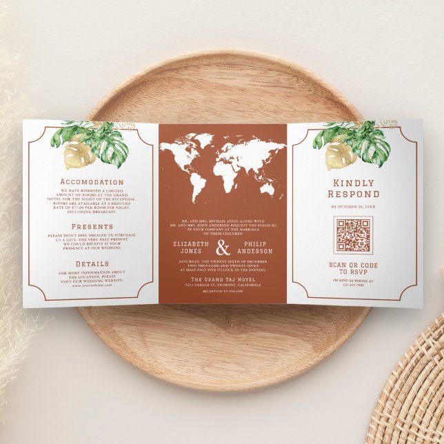 Tropical Leaves Terracotta World Map Wedding Tri-Fold Invitation (Creator Uploaded)