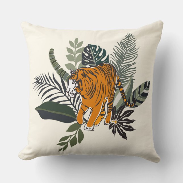 Tropical Leaves & Tiger Accent Pillow (Front)