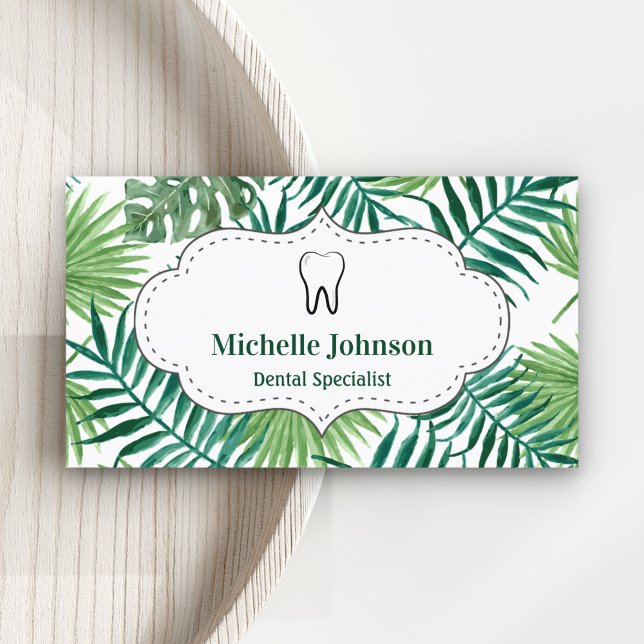Tropical Leaves Tooth Dental Clinic Dentist Business Card (Creator Uploaded)