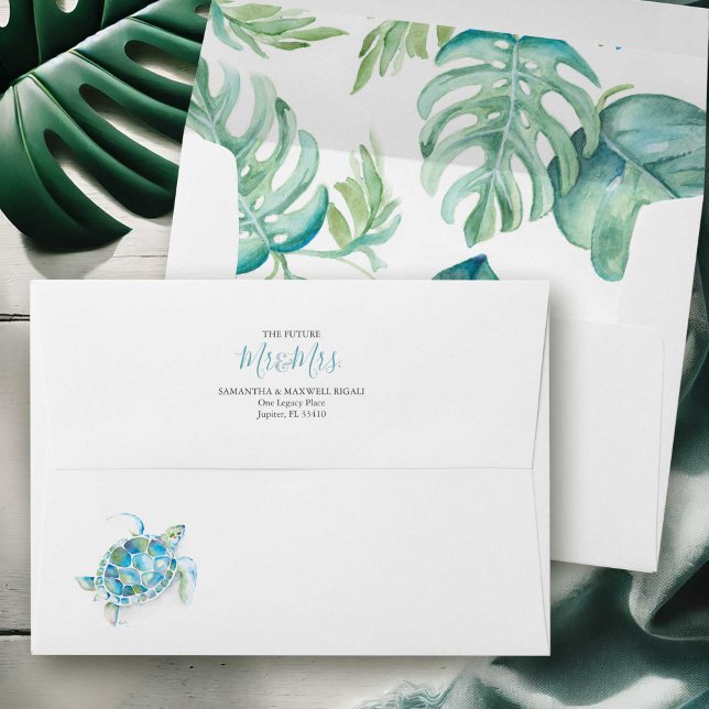 Tropical Leaves & Turtle Return Address Envelopes (Florida beach wedding return address envelopes sea turtle and tropical palm leaves)