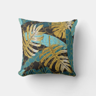 Tropical leaves under a curtain of gold chains. Se Cushion