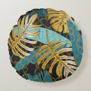 Tropical leaves under a curtain of gold chains. Se Round Cushion