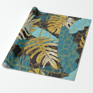 Tropical leaves under a curtain of gold chains. Se Wrapping Paper