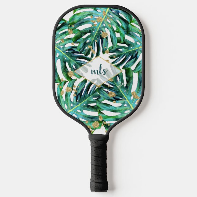 Tropical Leaves w Gold Glitter Beach Monogram  Pickleball Paddle (Front)