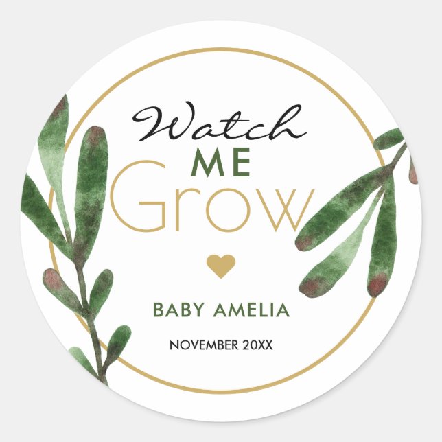 Tropical Leaves Watch Me Grow Baby Shower Classic Round Sticker (Front)