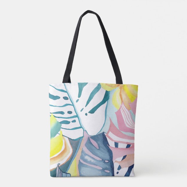 Tropical Leaves Watercolor Abstract Art Tote Bag (Back)