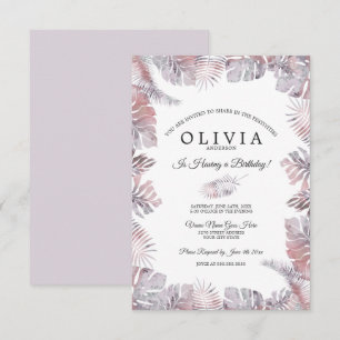 Tropical Leaves Watercolor Birthday Mauve Rose Invitation