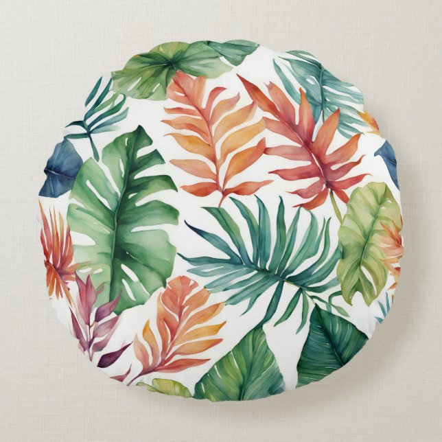 Tropical Leaves Watercolor Design Round Cushion (Front)