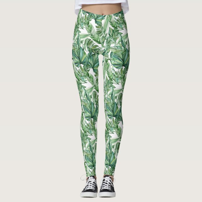 Tropical Leaves Watercolor Leggings (Front)